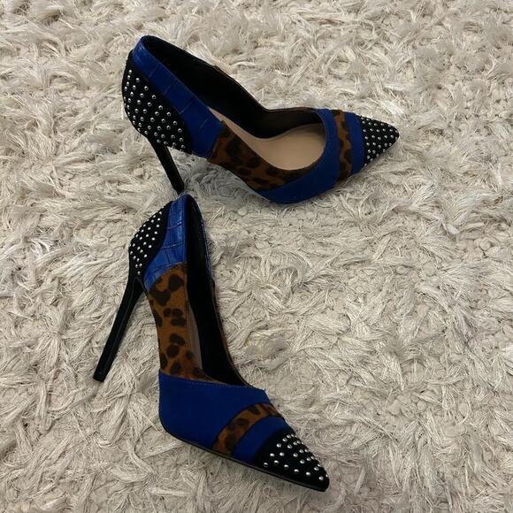 ˚₊‧꒰ა ☆ ໒꒱ ‧₊˚ 2 Pairs of Just Fab Blue Cheetah Print Women Heels Sz. 7  (4C-Q) - Picture 6 of 10